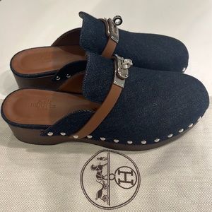Hermes Carlotta Denim “Kelly Lock” Clogs